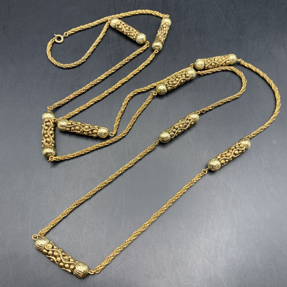 West Germany Long Station Necklace Gold Tone 50 Inch Abstract Pattern Vintage